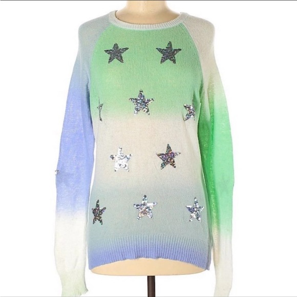 Wildfox Pastel Ombrè Knit Iridescent Sequin Star Crewneck Sweater - Picture 5 of 9